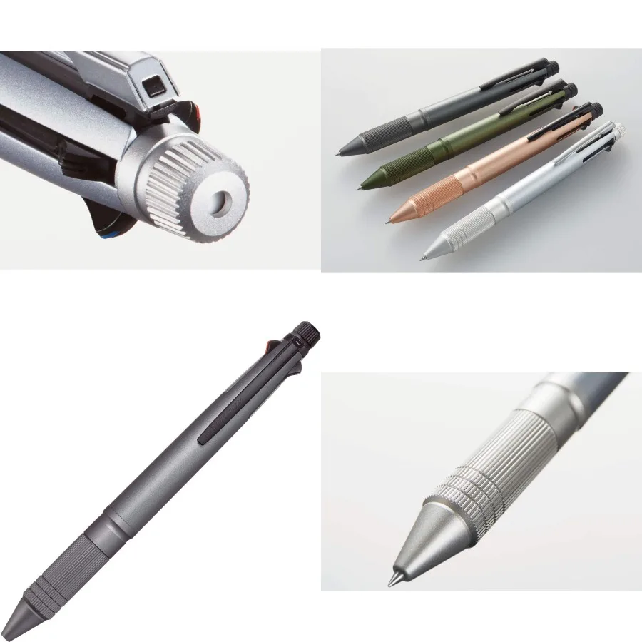 プロ仕様の05mmボールペンセット（メタル仕上げ、黒、赤、青、緑）と、ガンメタ仕上げの05mmシャープペンシル