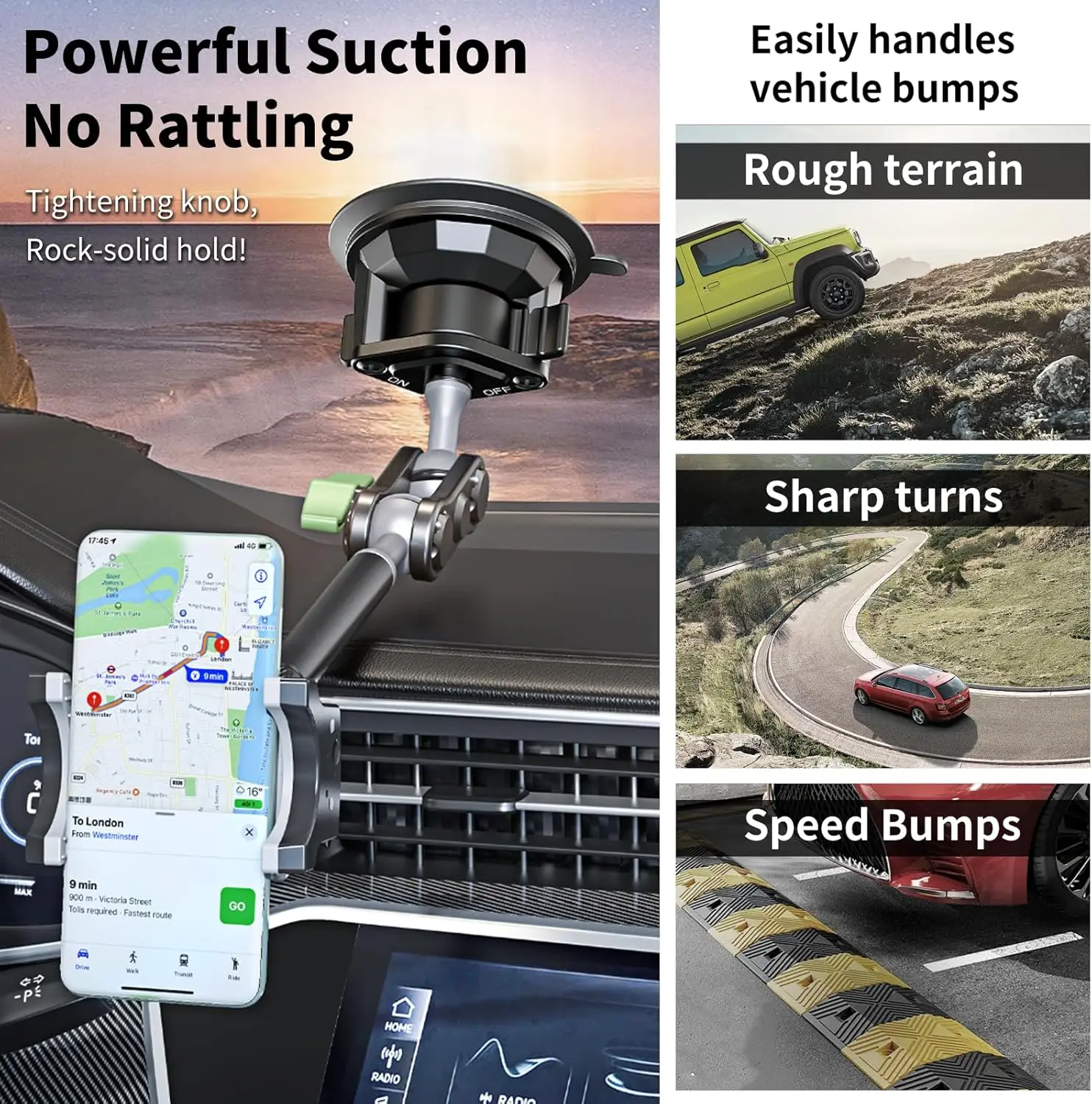 Universal Car Phone Holder with 360° Rotating Arm and Super Stable Suction Cup for All Vehicles