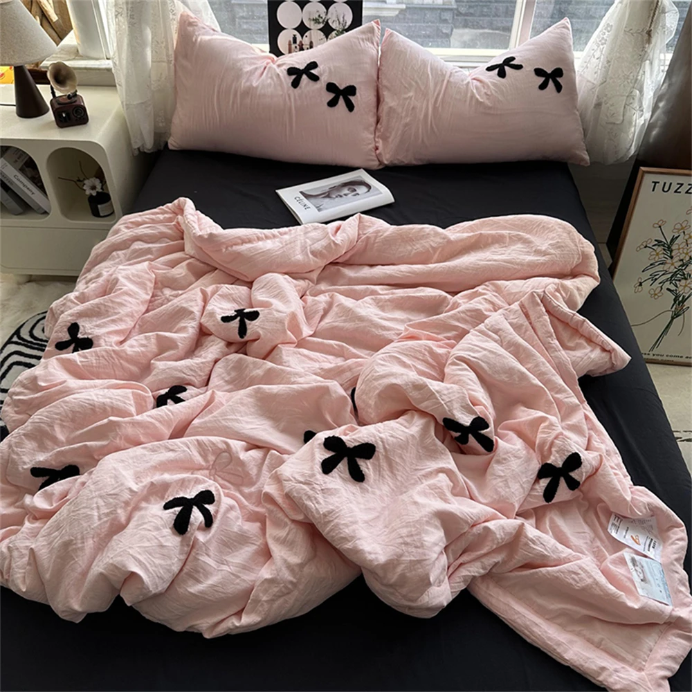 

Korean Style Water Washed Cotton Bow Towel Embroidered Summer Quilt Soft Air Condition Blanket Skin Friendly Machine Washable