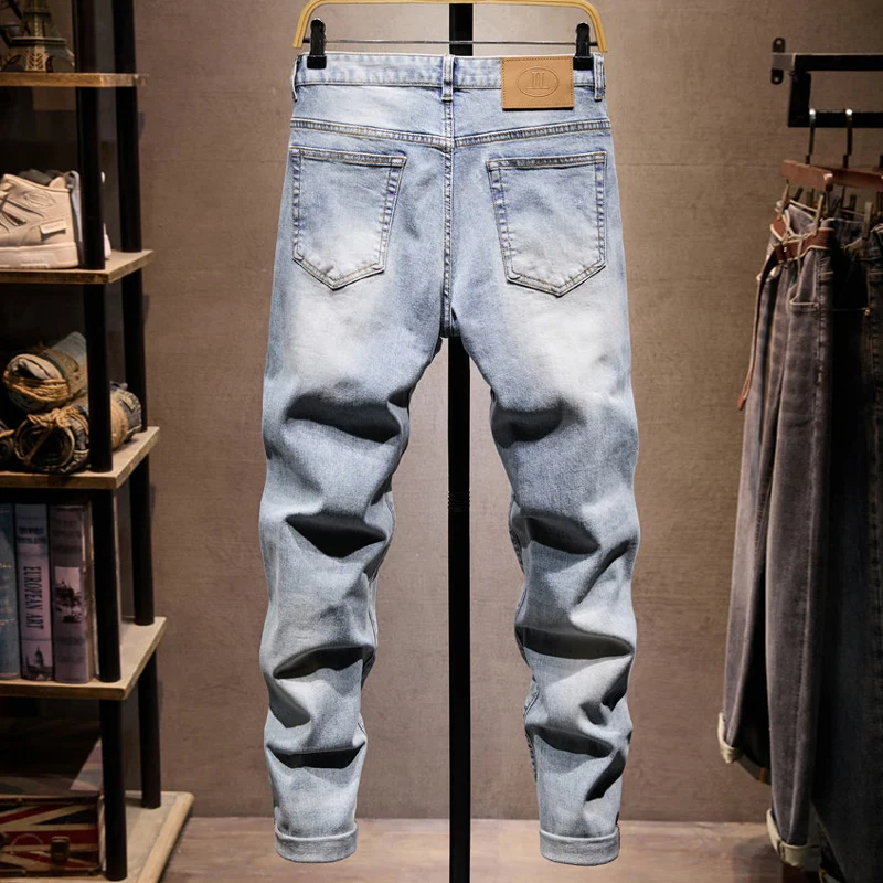 Street Style Fashion Designer Men Jeans Retro Light Blue Stretch Slim Fit Ripped Jeans Men Hole Patched Vintage Denim Pants