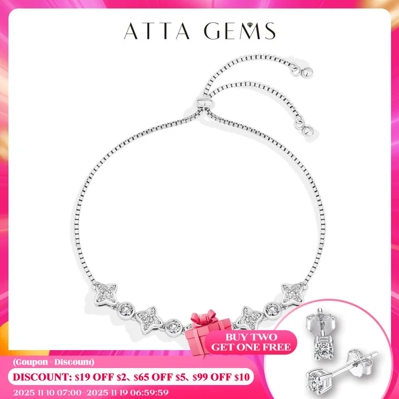 

ATTAGEMS Moissanite Bracelet Four-pointed Star S925 sterling silver For Women Girls Birthday Party Jewelry Gifts Adjustable 24cm