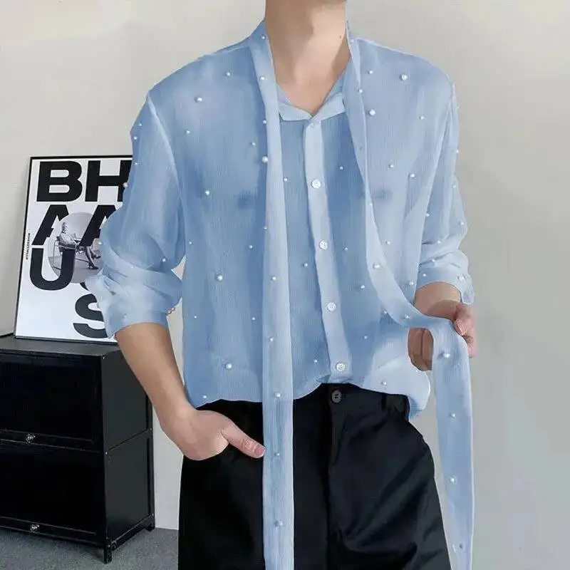 Niche Design Men's Shirts Lace-up Decoration Pearl See-through Solid Color Long Sleeved Single Breasted Male Tops 98ZGG