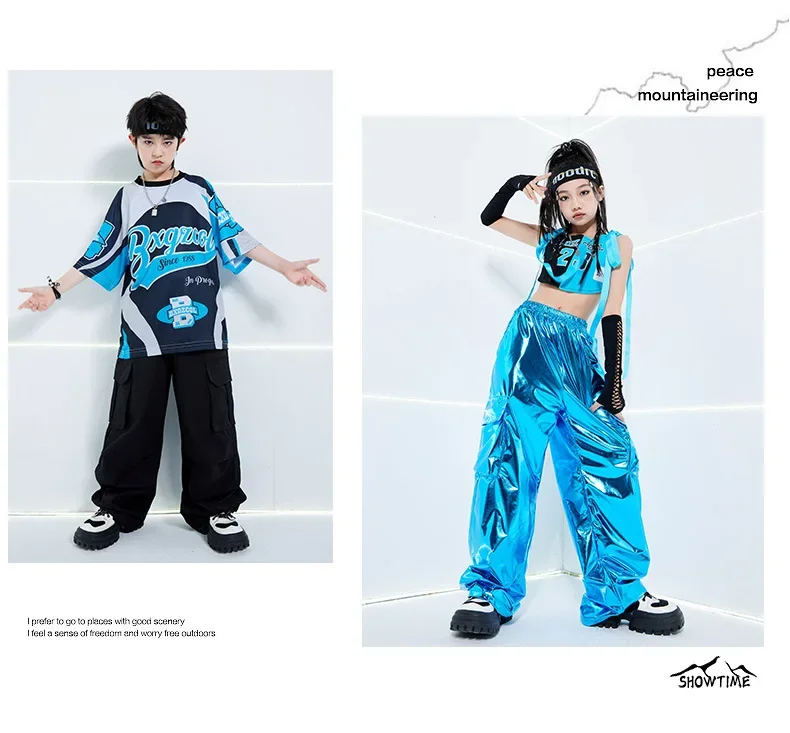 Neues, cooles, leuchtend blaues Street-Dance-Kostüm, Kinder-Jazz-Mode, Kleidung für Jungen und Mädchen, Hip-Hop-Oberteile in Oversize-Passform, Hosen, Outfit für Laufsteg-Shows. – Detail 3