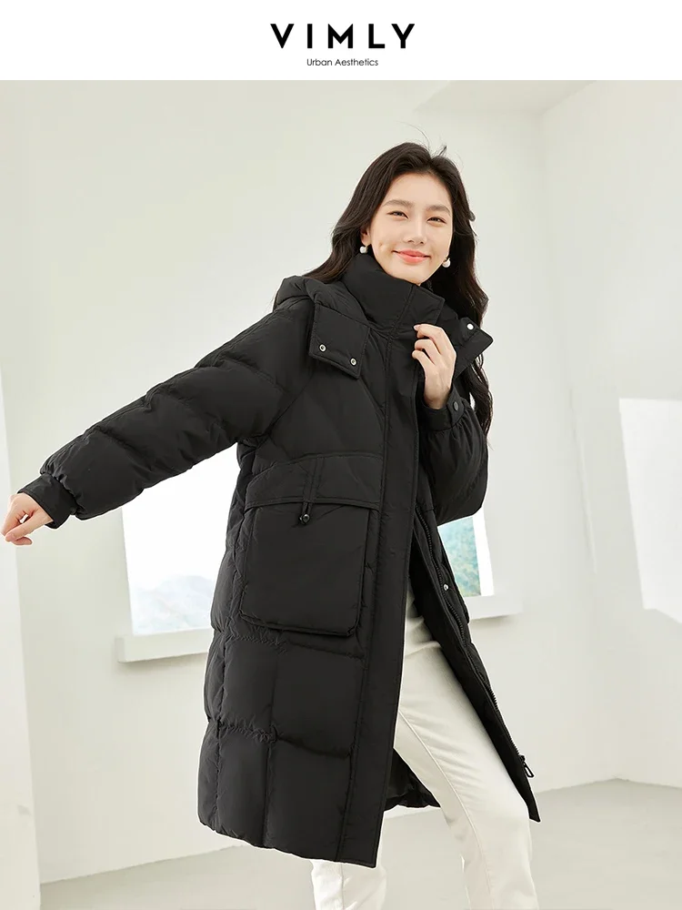 Vimly Black Windproof Puffer Down Coat for Women 2023 Winter Thick Warm Hooded Long Down Jacket Woman Overcoats Clothing 50672