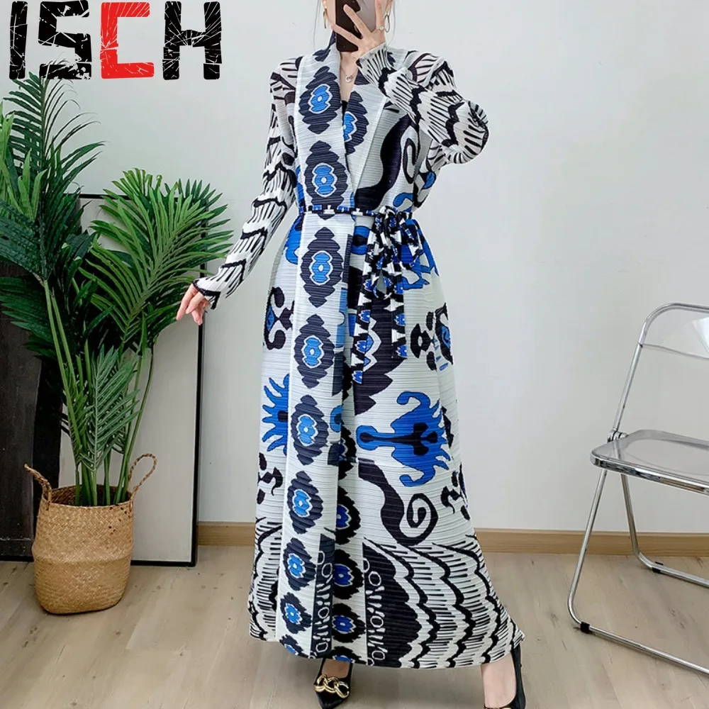 

Pleated Printed Long Trench Coat Jacket Women's Elegant Loose Large Size Middle East Cardigan Long Gown Holiday Dress Cardigan