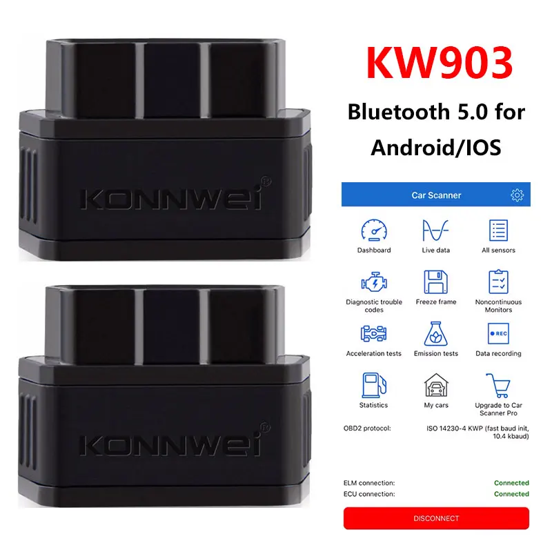 KONNWEI KW903 ELM327 V1.5 OBD2 Scanner Bluetooth 5.0 OBD 2 ii Code Readers OBDII Cars Diagnostic Tools For IOS/Android