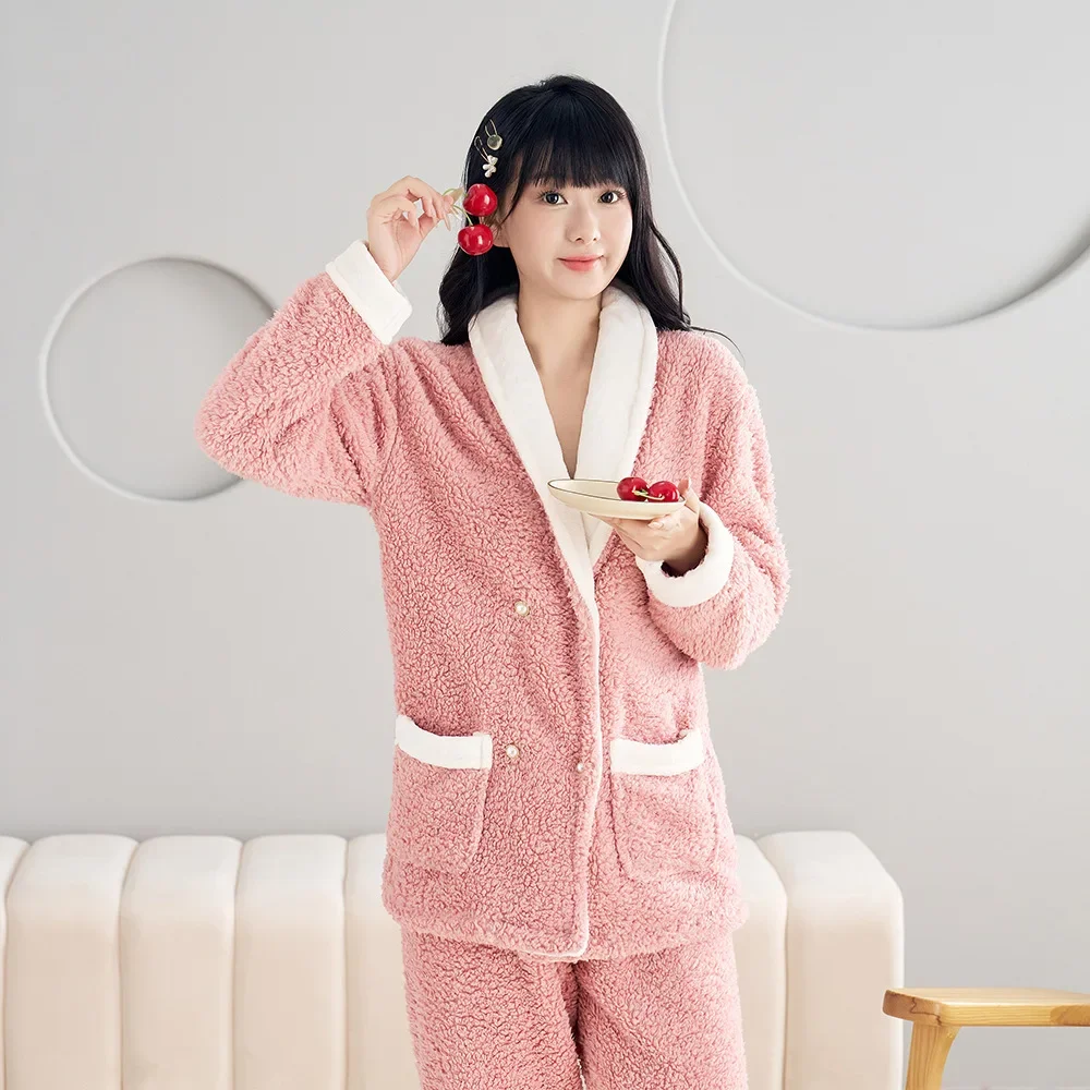 Conjunto de pijama de felpa de invierno para mujer, ropa de dormir de manga larga de otoño, trajes de pantalón, pijama para mujer, ropa de descanso para el hogar