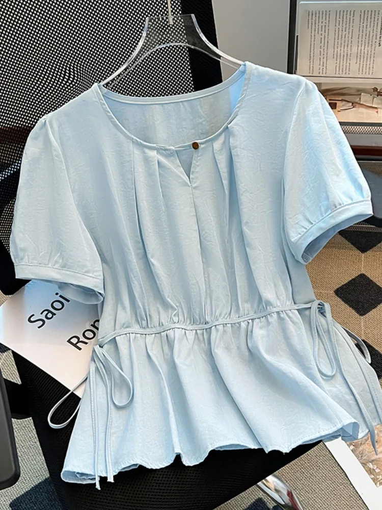 

Blue ort Sve irt Women's Summer Design Sense Waist Cinching Slimming Top Self-Kept Sle Recommendation Cotton Blend