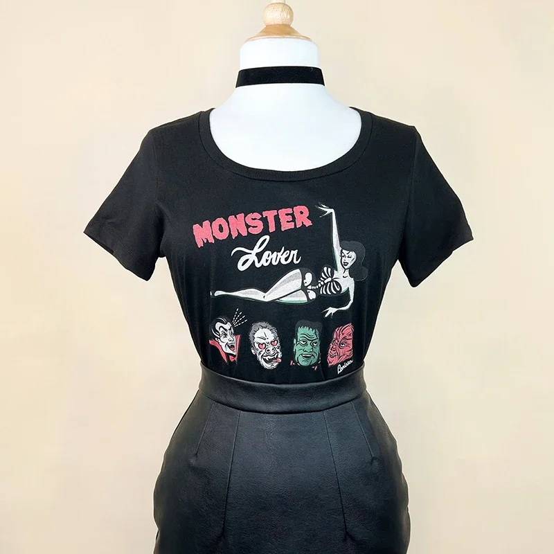 Camiseta de algodón con estampado de monstruo para mujer, ropa gótica de infierno oscuro, camiseta de Halloween con esqueleto de calavera Y2k, Top