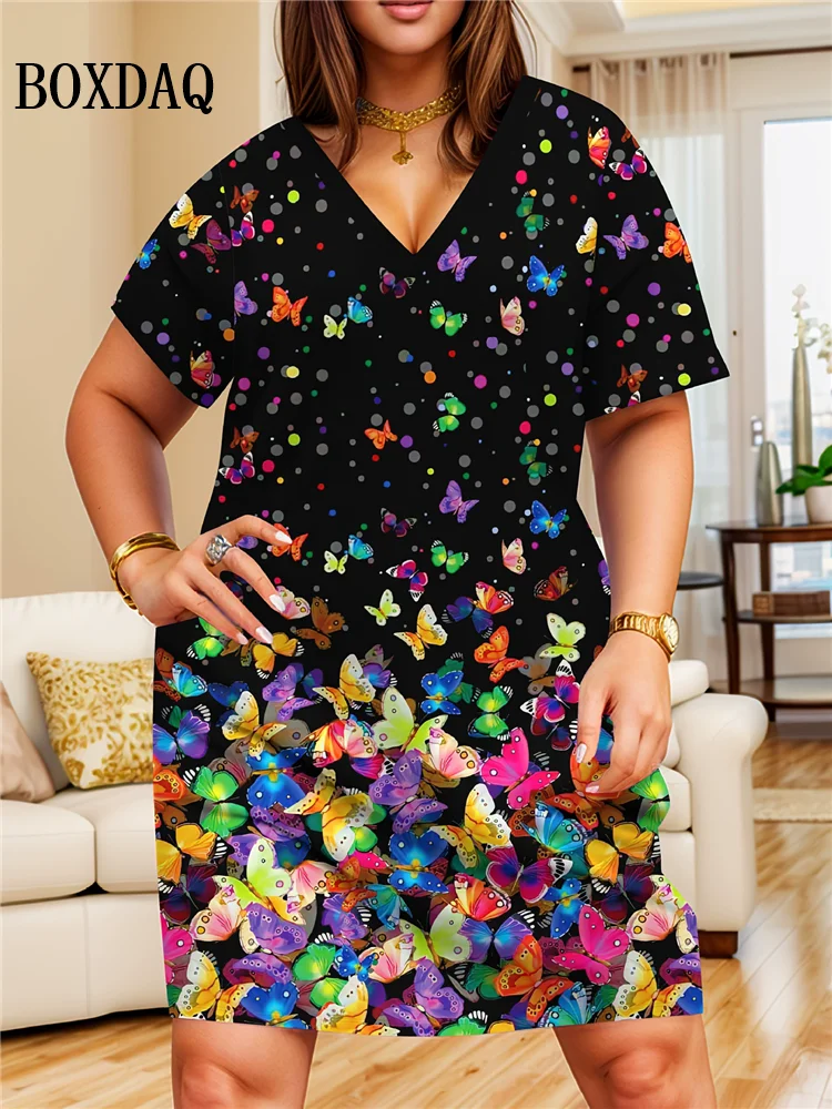 Women's Casual Fashion Loose Plus Size Dress V Neck Women Vintage Short Sleeve Flower Print Midi Dress Summer Clothing Big Sizes