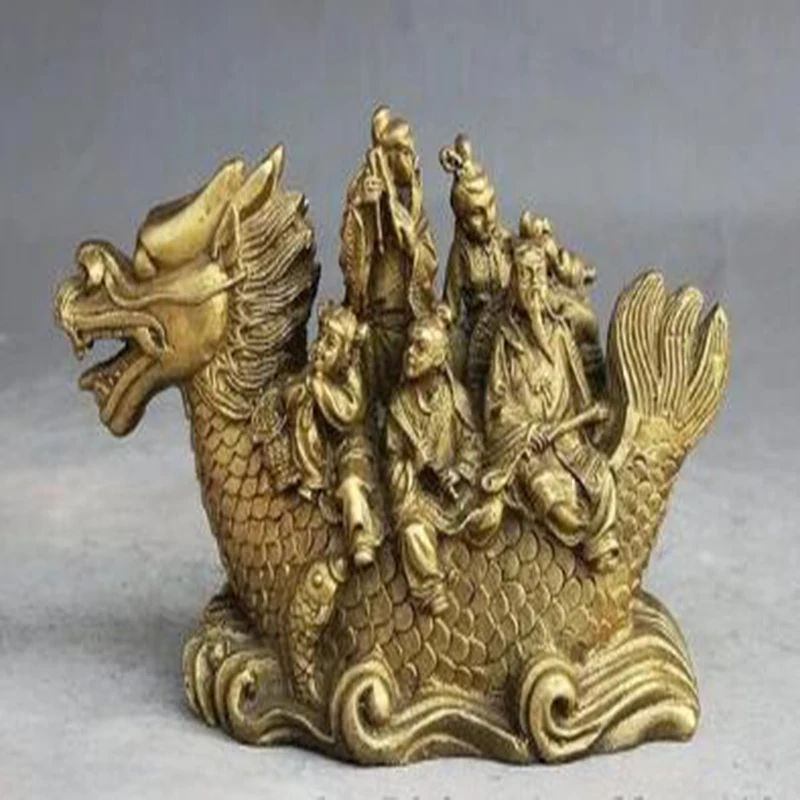 

China Fengshui Brass Eight Immortals 8 God Rode Dragon Fish Buddha Statue