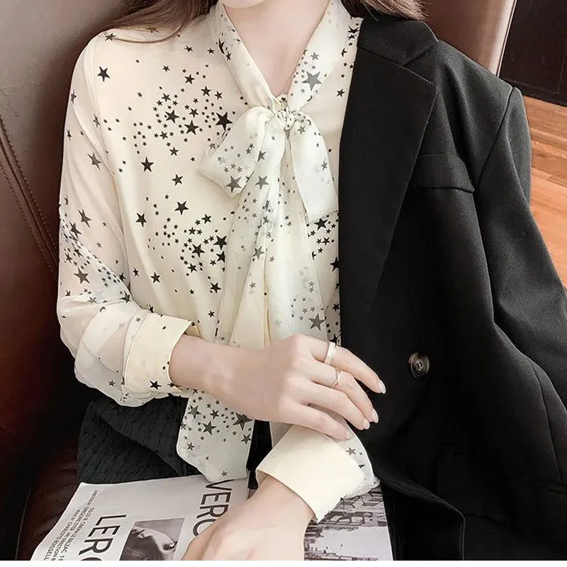 Sweet Lacing Bow Lady Slim Printed Shirt 2024 Spring and Summer Korean Elegant Chiffon Thin Long Sleeve Blouses Pullovers Female