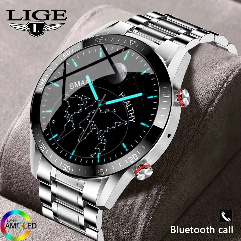 LIGE 454*454 AMOLED Screen Smart Watch Men Always Display The Time Bluetooth Call Local Music Weather Smartwatch For Men Android