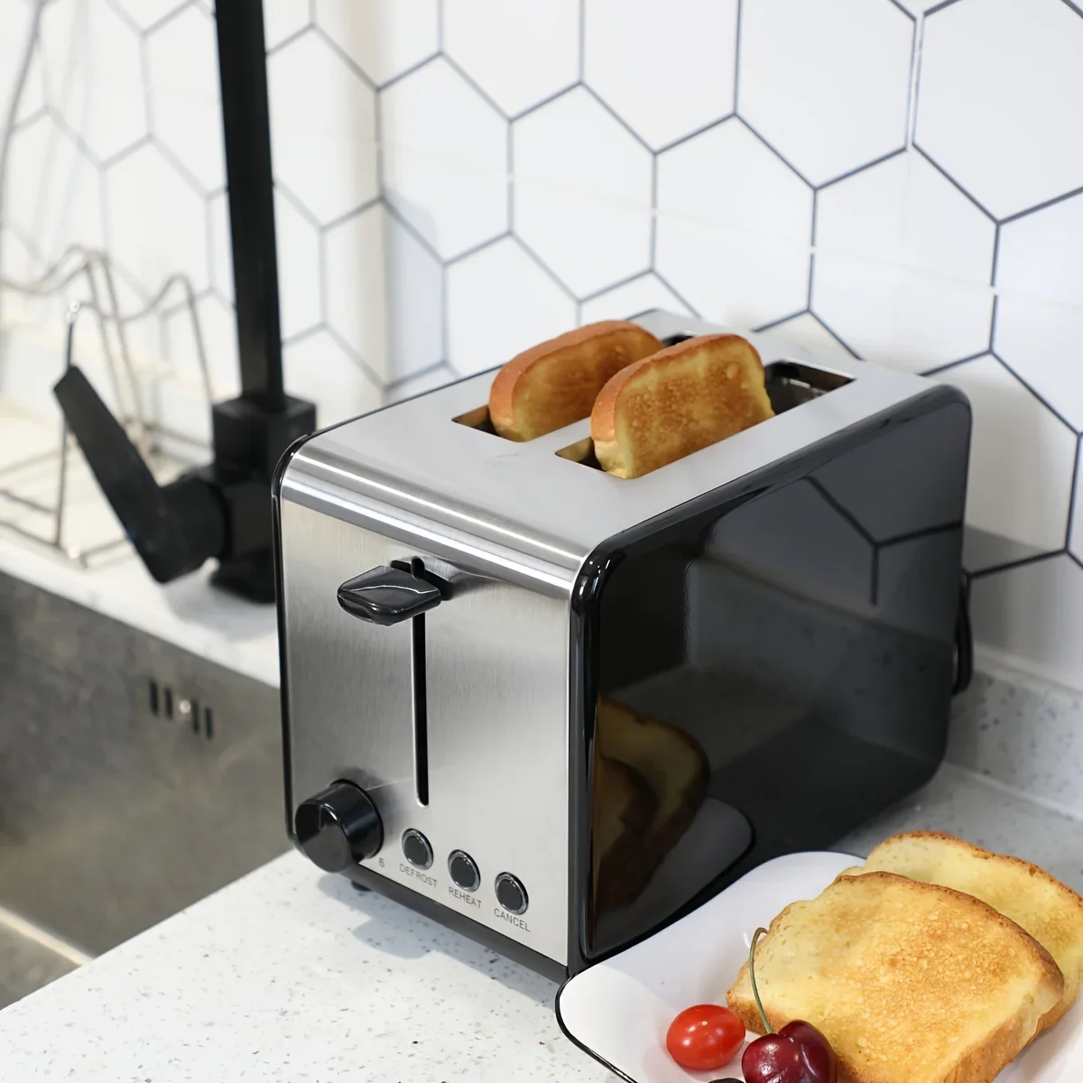 Многофункциональный тостер из нержавеющей стали с регулируемой температурой, автоматический всплывающий, легко очищаемый лоток для крошек, быстрый экологически чистый тостер на 4 ломтика