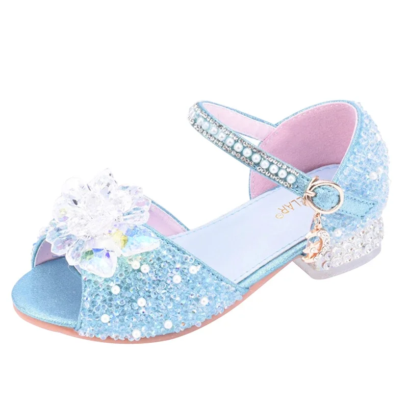 Girls' Crystal Princess Shoes Children's High Heels Summer Open-toe Children's Sandals Silver Performance Dance Shoes