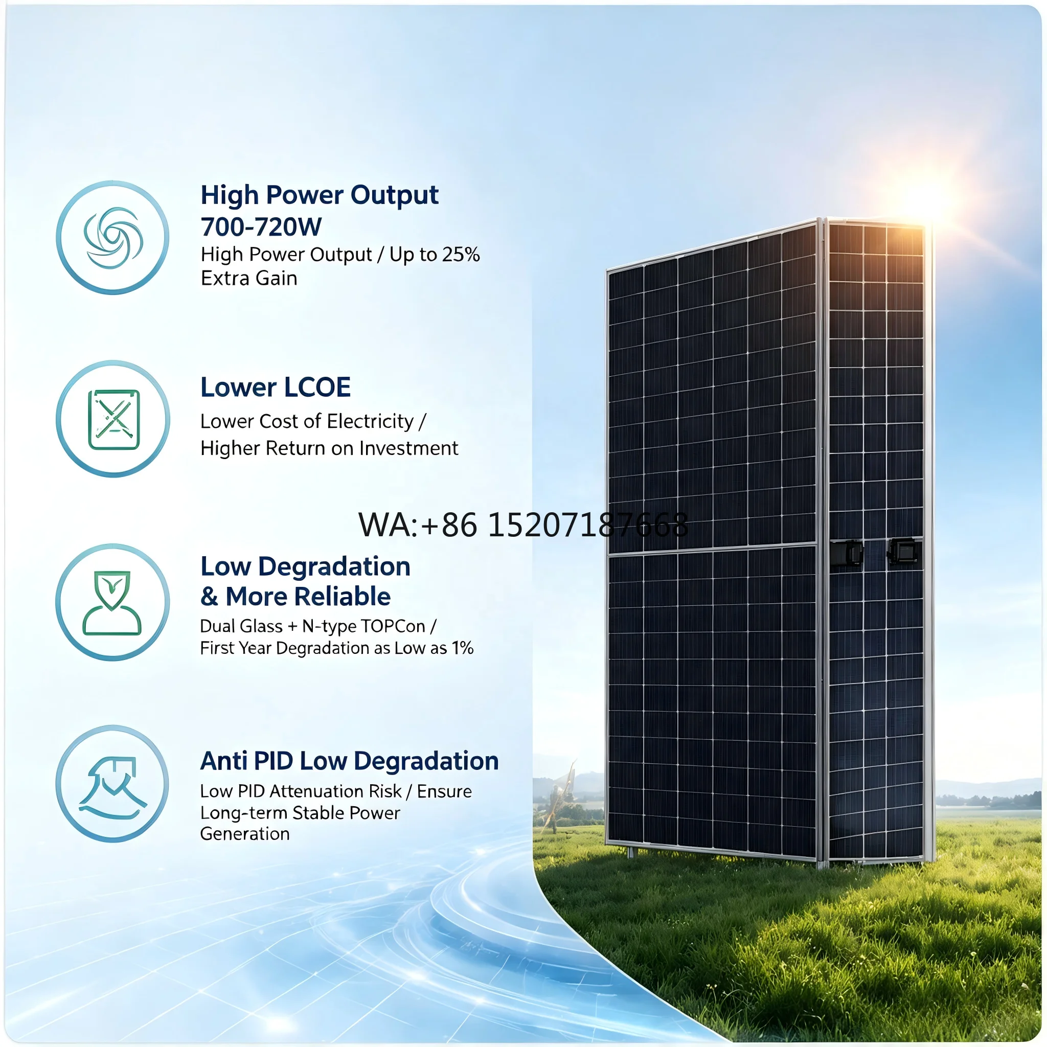 N-type Photovoltaic Module 700W 23.18% Efficiency IP68 Bifacial Double Glass for Solar Farm Utility Power Plant TUV IEC