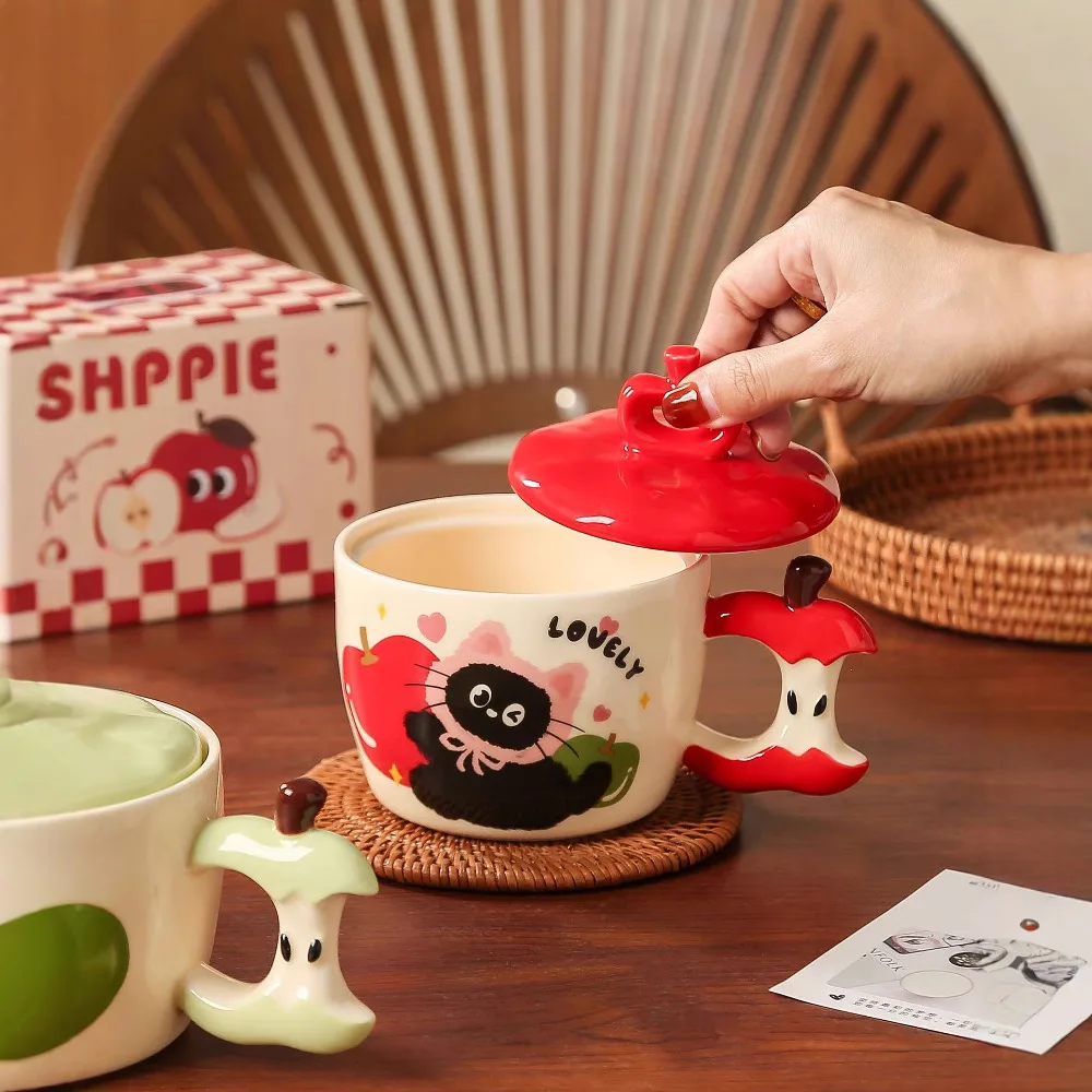 Kawaii Apple Cat Ceramic Mug with Lid Stylish Breakfast Milk Coffee Cup Unique Couple Water Cup Birthday Gift Idea
