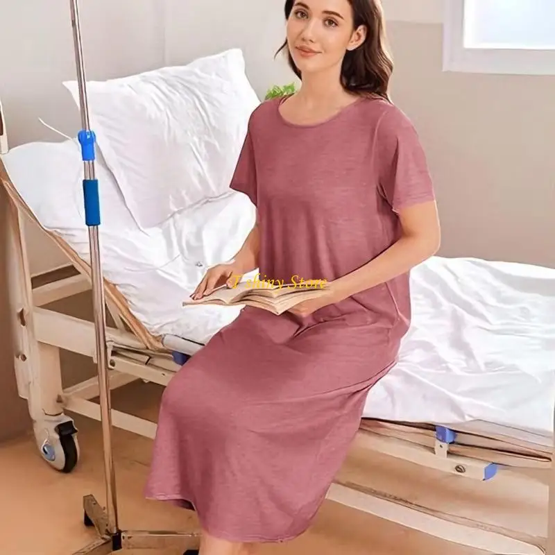 hospital N58F para mujeres mayores, vestido quirúrgico desgarrado con espalda abierta, camisón adaptable manga corta