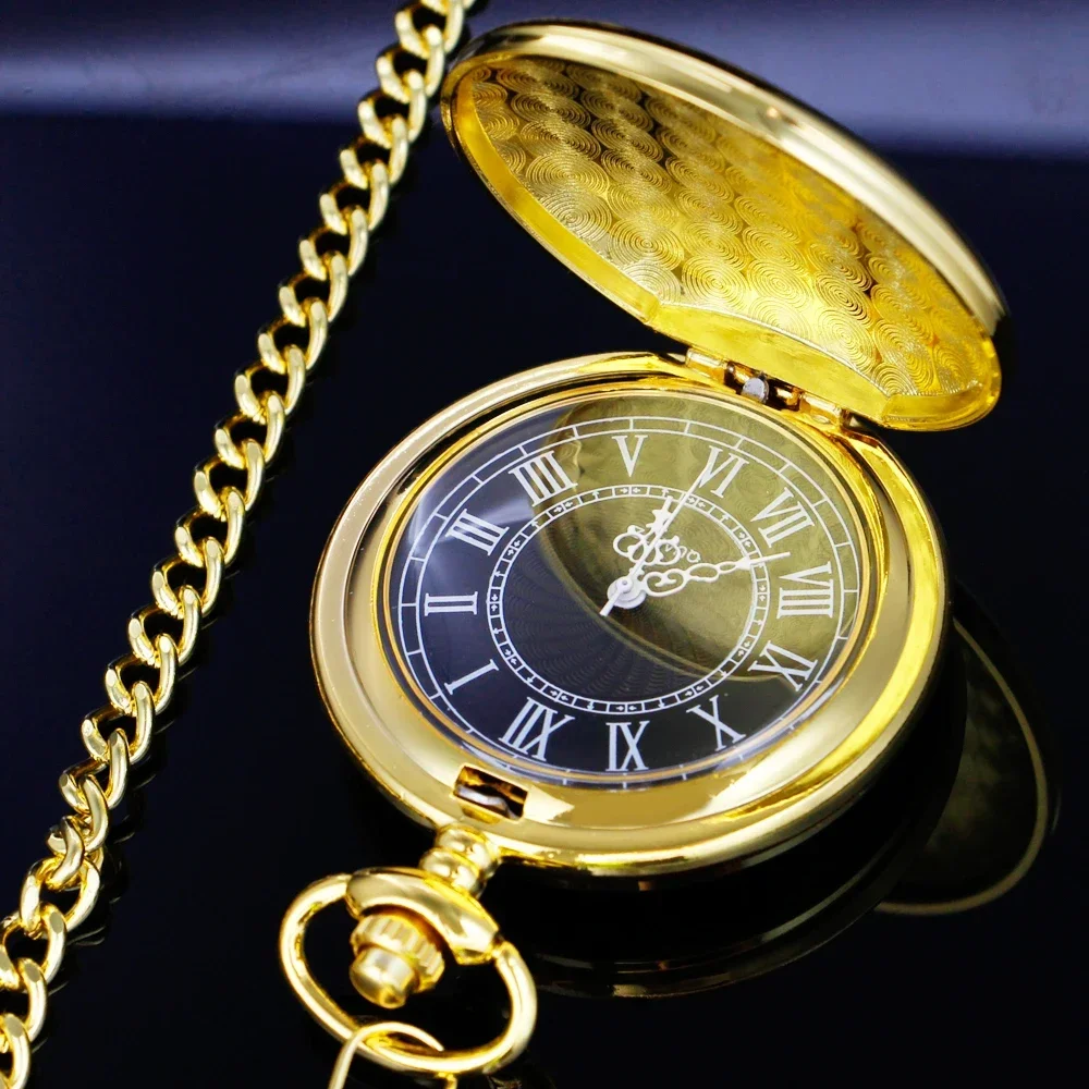 All Hunters Orologio da tasca in oro di lusso alla moda, vintage, romano, digitale, quadrante nero, collana al quarzo, orologio con ciondolo, regalo da donna