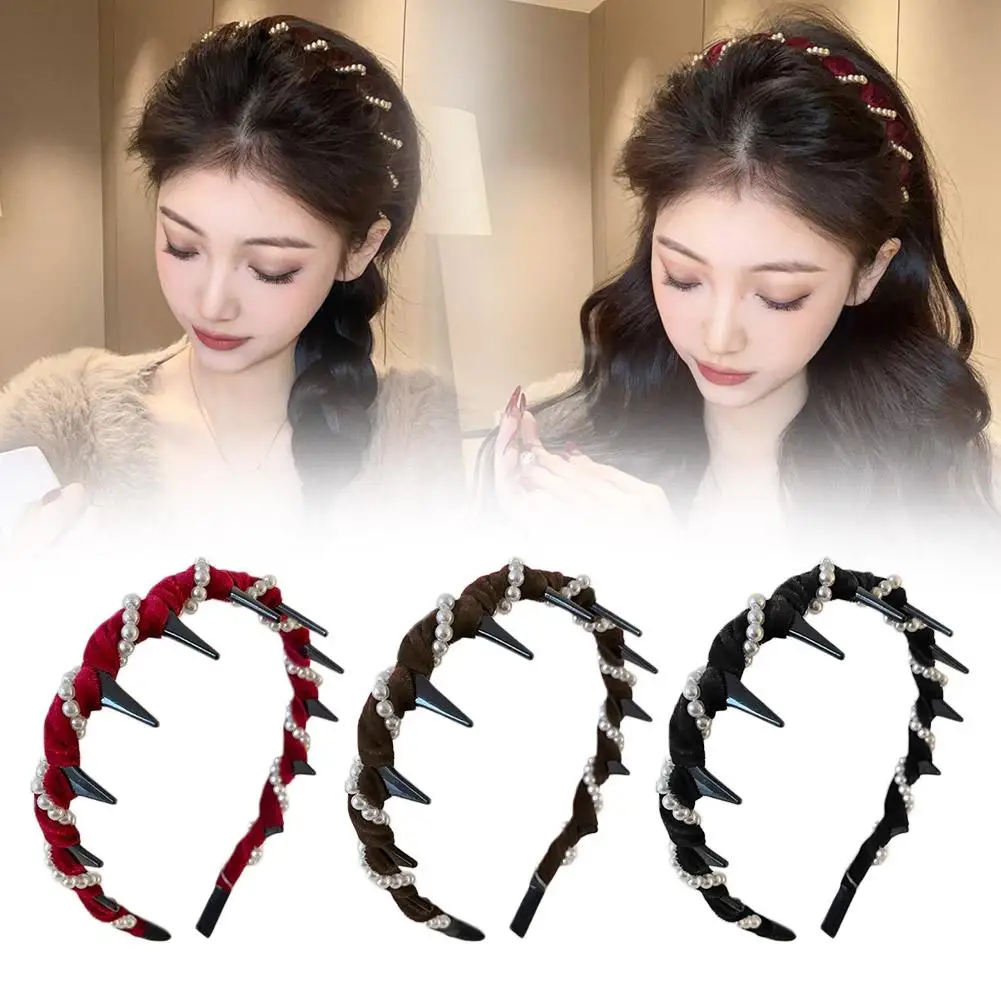 ヴィンテージベルベットパールウェーブトップヘアバンド滑り止め歯ヘアバンド女性ガールズファッション甘いヘアアクセサリー