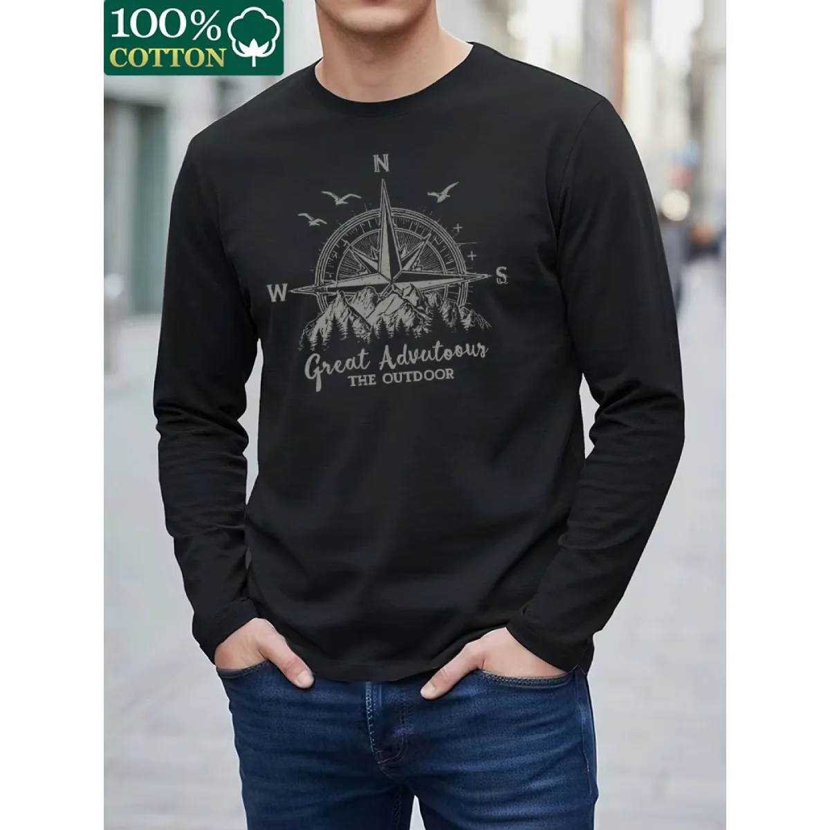100% Cotton Men's Long Sleeved Round Neck Loose Mountain Reflection Pattern Printed Autumn and Winter Casual Versatile T-Shirt