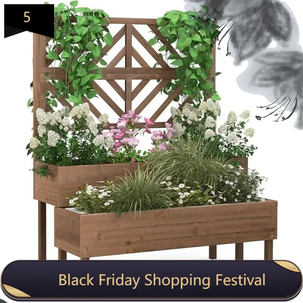 Outdoor Elevated Garden Bed with Trellis，Raised Garden Bed with Legs & Drain Holes，2-Tier Wooden Planter Box for Vegetable