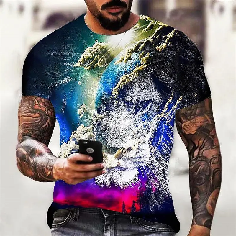 Animal T-Shirt for Men Short Lion/Tiger Print Tops Vintage Clothes Harajuku Casual Tees Oversized Summer T-Shirt Male Sweatshirt