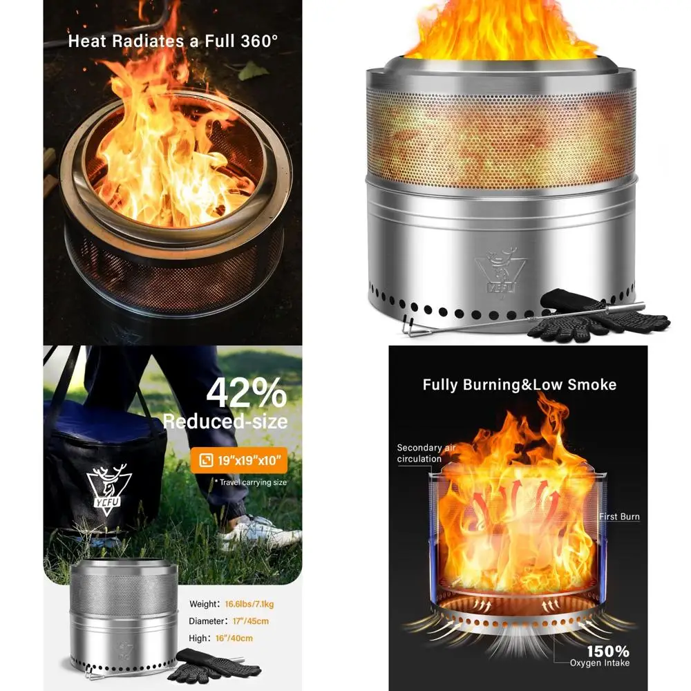 Chimenea portátil de acero inoxidable de 18 "de diámetro, chimenea exterior plegable, sin humo y para quemar madera con bandeja de ceniza extraíble