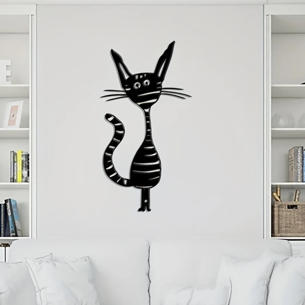 Abstract Cartoon Cat Metal Ornament, Cheerful Cat Decor, Black Cat Metal Wall Art Decor, Housewarming Decor, Metal Wall Art Gift