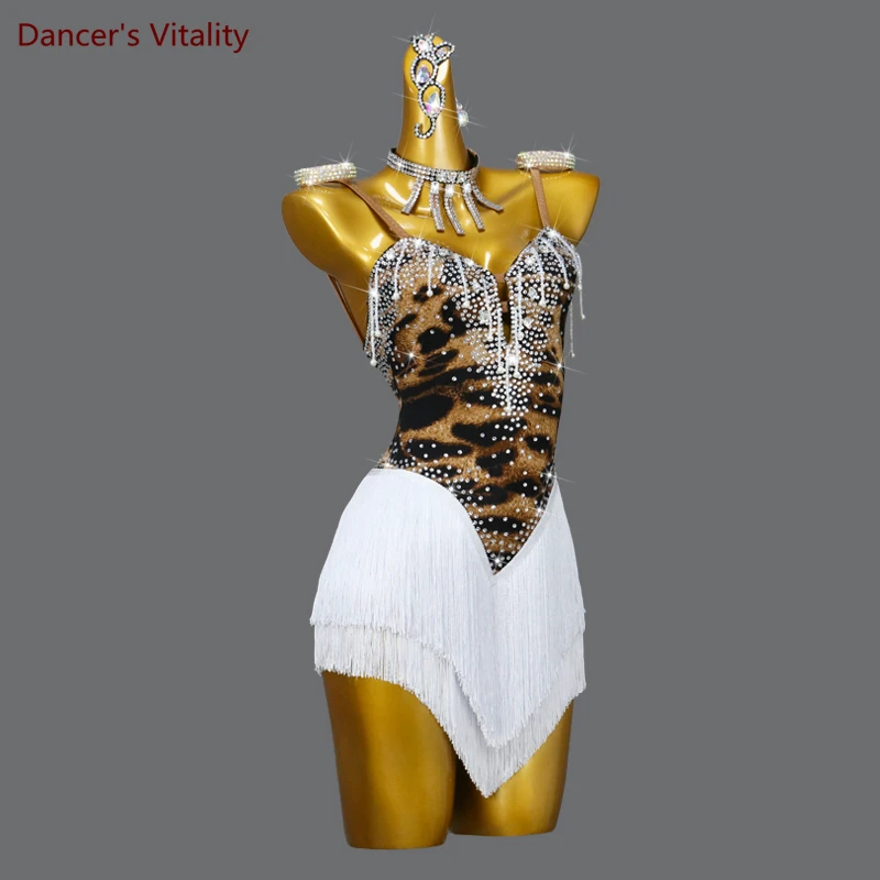 Latin Dance Dress Customized Adult Children Senior AB Stones Leopard Chacha Rumba Competiton Dresses Latin Professional Skirt