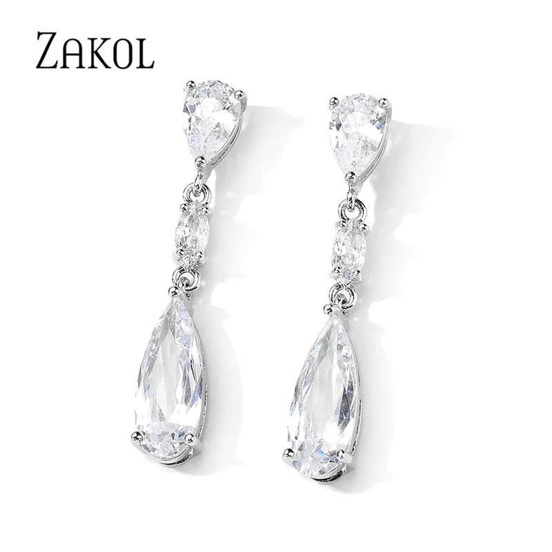 ZAKOL Classic Luxury Water Drop Cubic Zirconia Dangle Earrings for Women Female Shiny CZ  Bride Wedding Jwellery FSEP2982