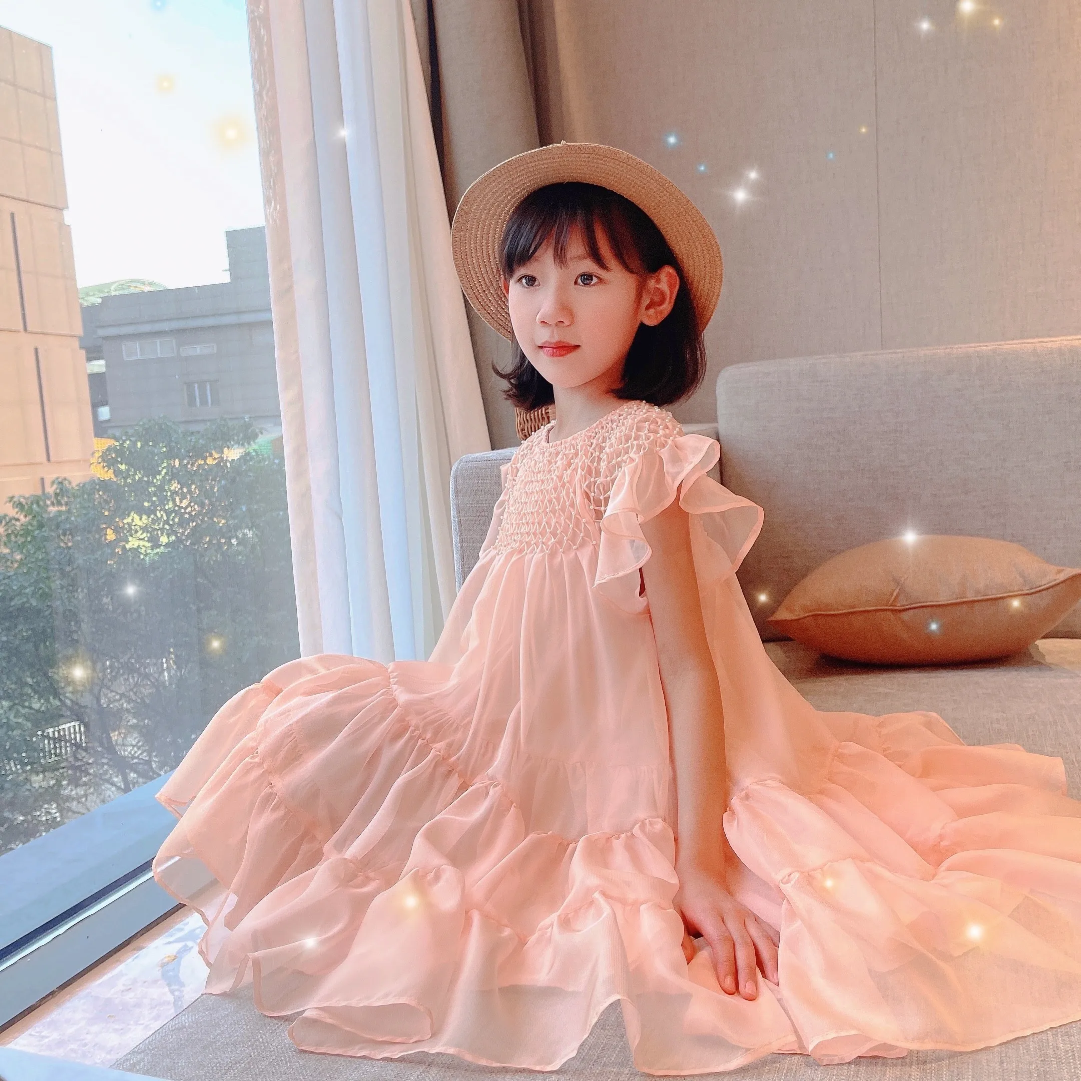 Pink Handmade Smocked  Chiffon Party Dress For Girls  LAB CICI