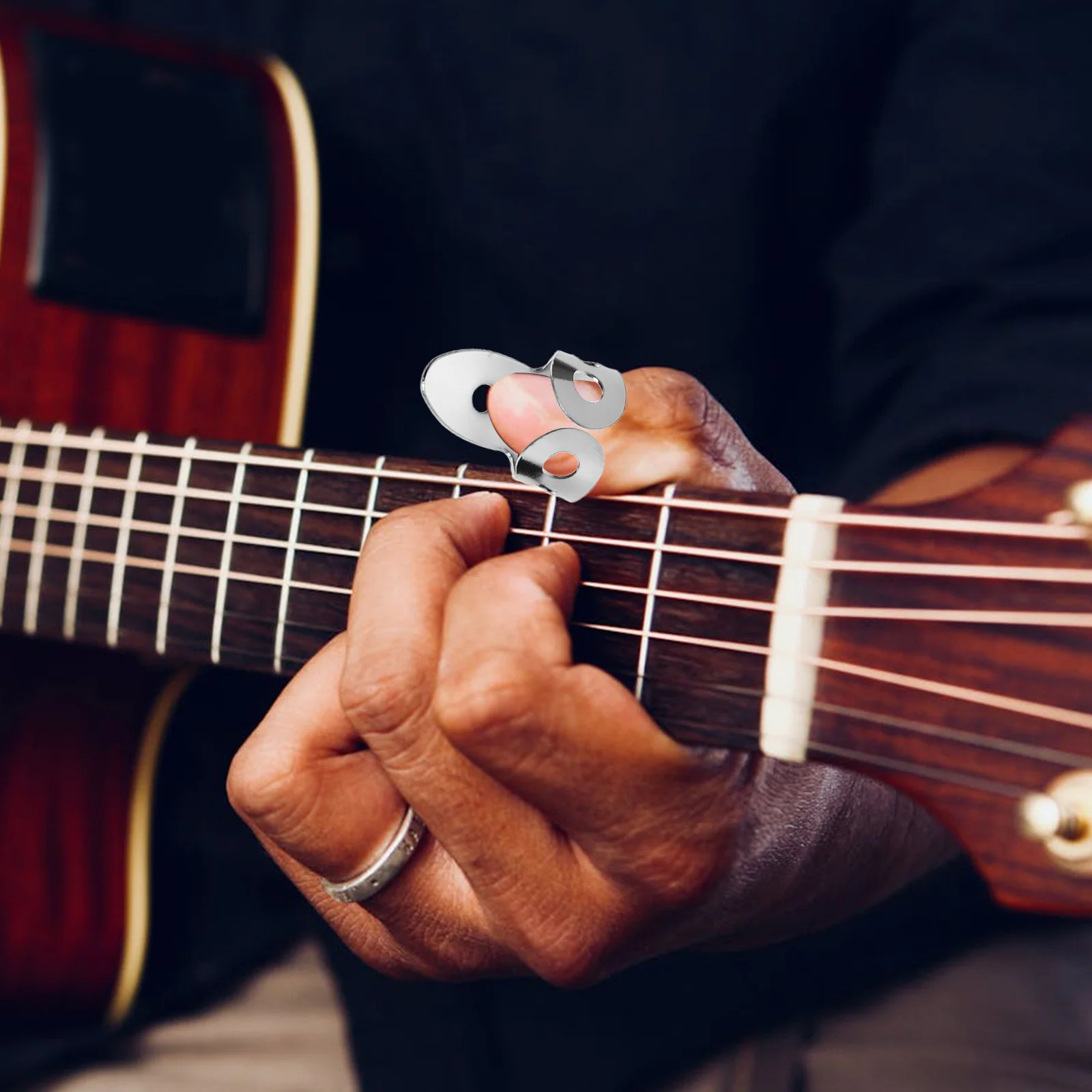 

1Set Guitar Finger Picks Metal Thumb Protectors Black Silver Acoustic Banjo Ukulele Finger Caps Instrument Supplies