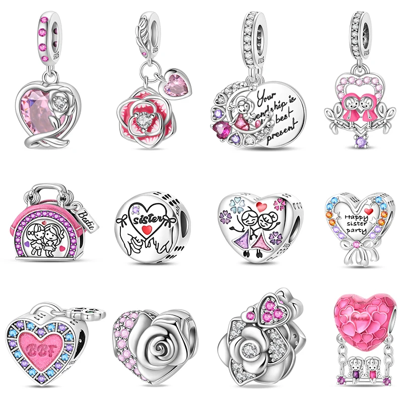 

100% 925 Sterling Silver Sisters Best Friends Series Charms Pink Heart Rose Beads Fit Qikaola Bracelet DIY Birthday Jewelry Gift