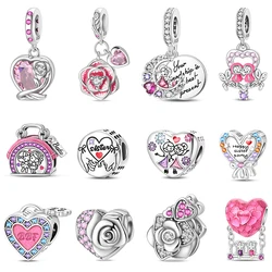 100% 925 Sterling Silver Sisters Best Friends Series Charms Pink Heart Rose Beads Fit Qikaola Bracelet DIY Birthday Jewelry Gift