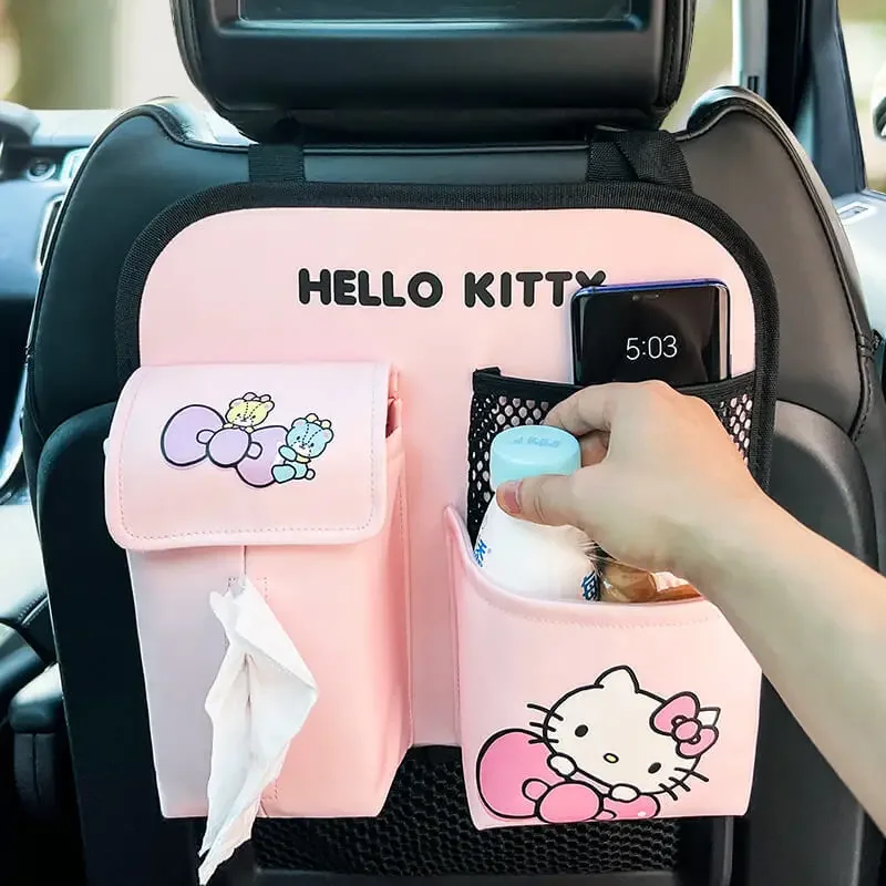 Kawaii Hello Kitty Car Seat Back Organizer Anime Multi-Pocket Bottle Holder Tissue Storage Bag Auto Interior Accessories Gifts