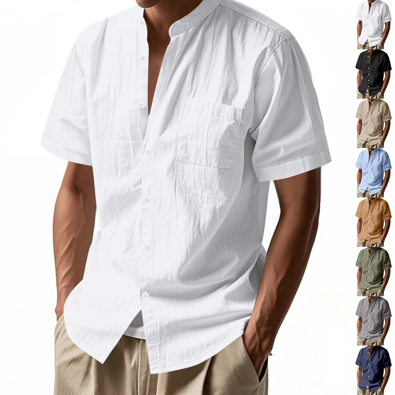 

Men's long sleeved shirt linen Button pocket Light and breathable stand-up collar daily beach Hot sale Men's wear