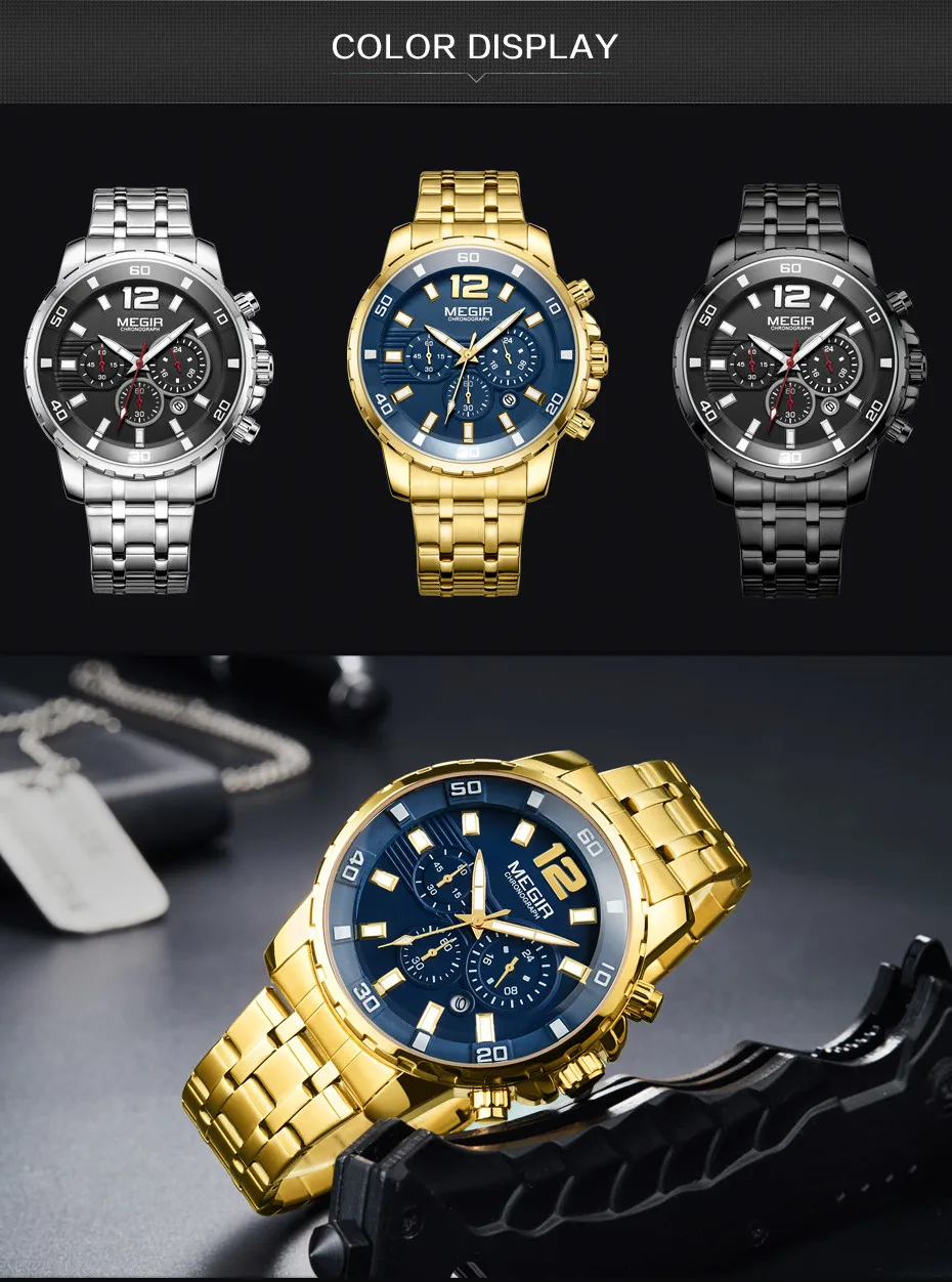 MEGIR Stainless Steel Military Watches for Men Luxury Quartz Business Wristwatch Luminous Waterproof Date Clock Chronograph 2068