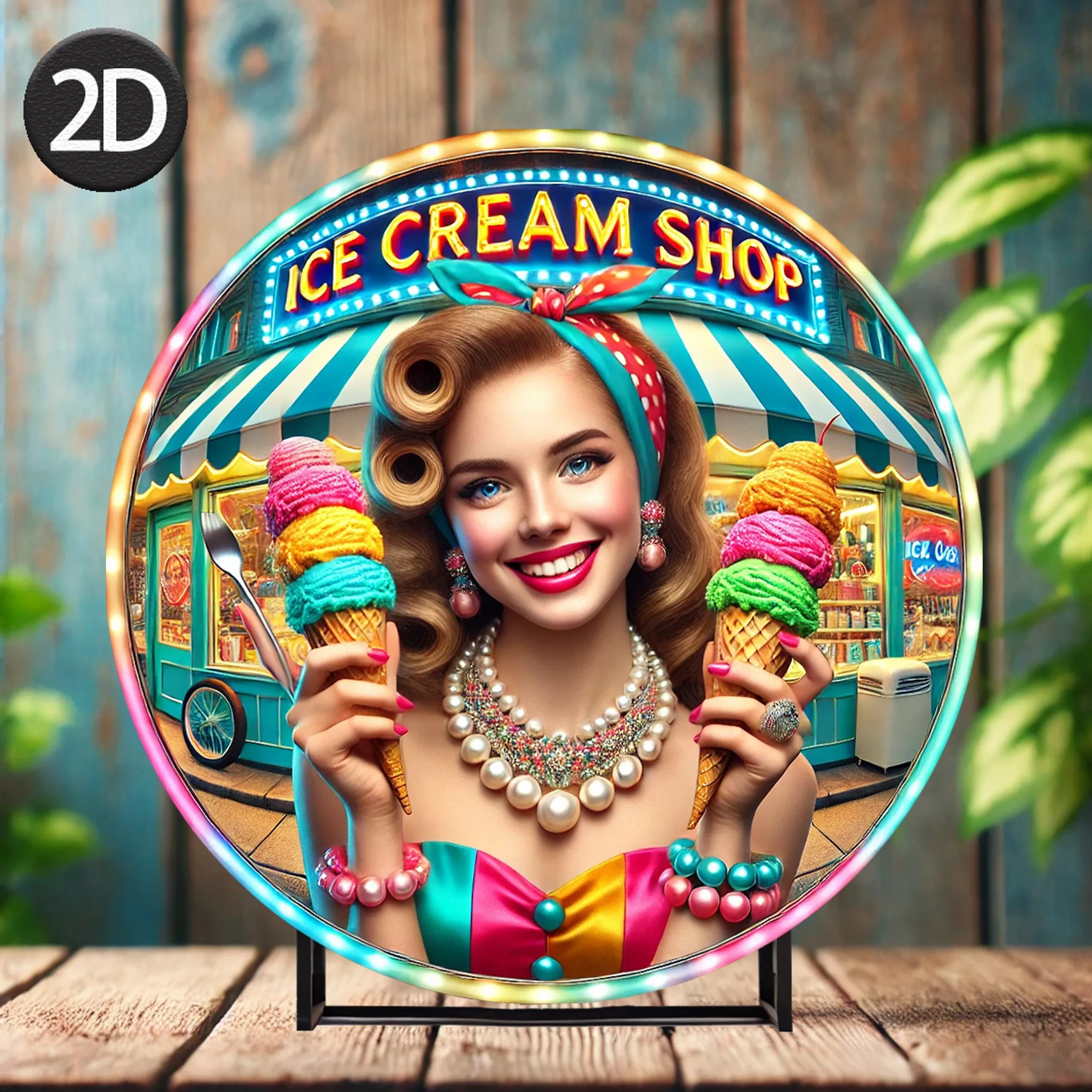 2D Retro Metal Sign, Vintage Ice Cream Parlor Wall Art, Neon Style Glow Decor,  Fun Girl Design, Battery-Free Indoor Wall