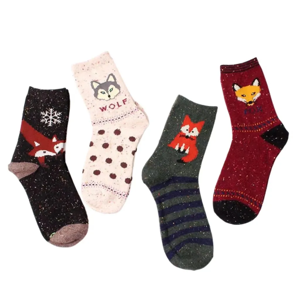 Cute Korean Thick Wool Women Girl Crew Socks With Harajuku Animal Fox Wolf Striped Dots Pattern For Winter