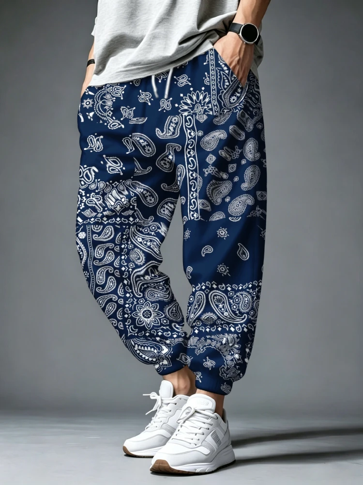 Men's Vintage Paisley Patterns Print Loose Drawstring Waist Sweatpants Fashion Elastic Waisted Harem Pants Holiday Man Clothings