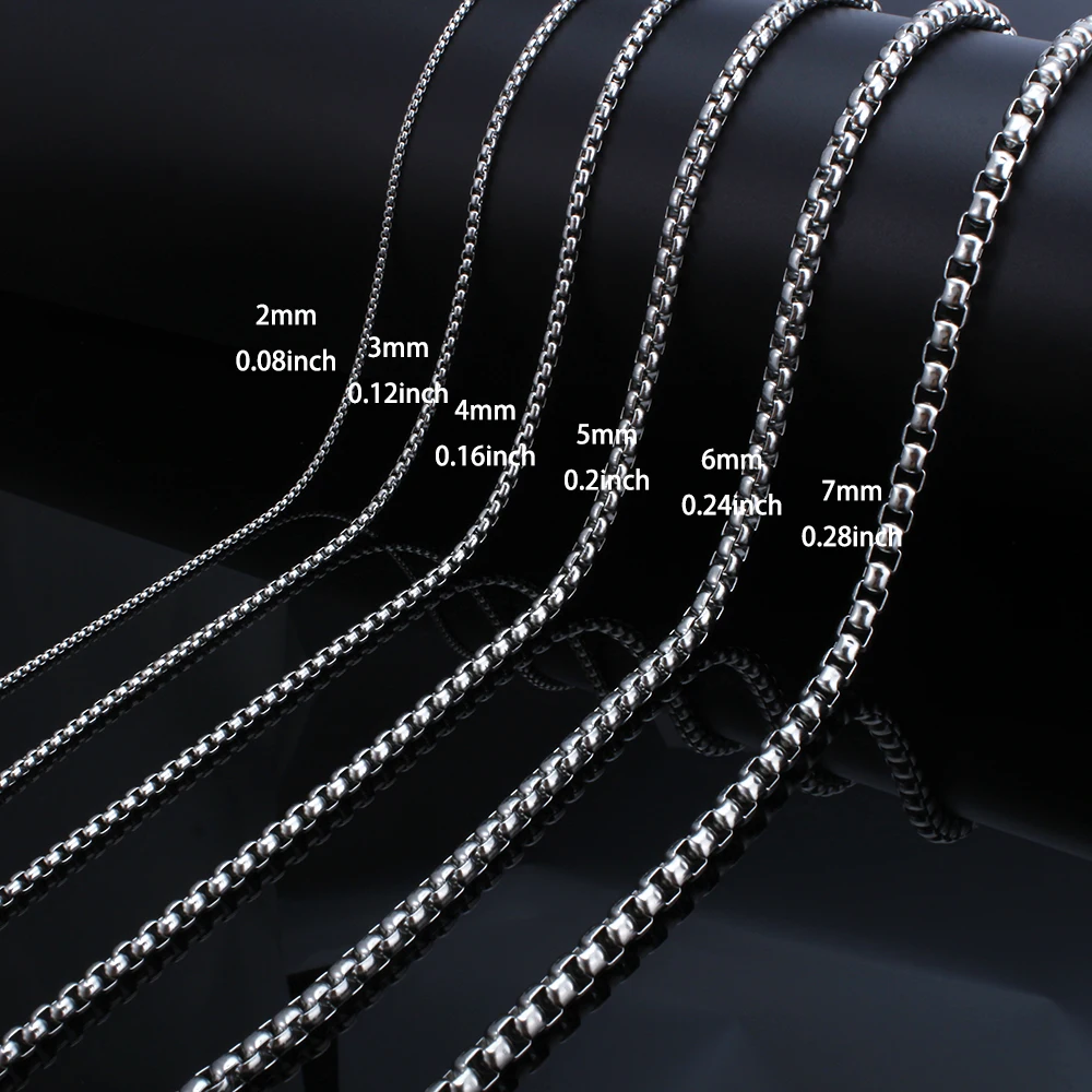 2-7mm （14-39.4inch) Round Box Chain Necklace Stainless Steel Basic Punk Thick Chains Jewelry Gift for Men Women Wholesale