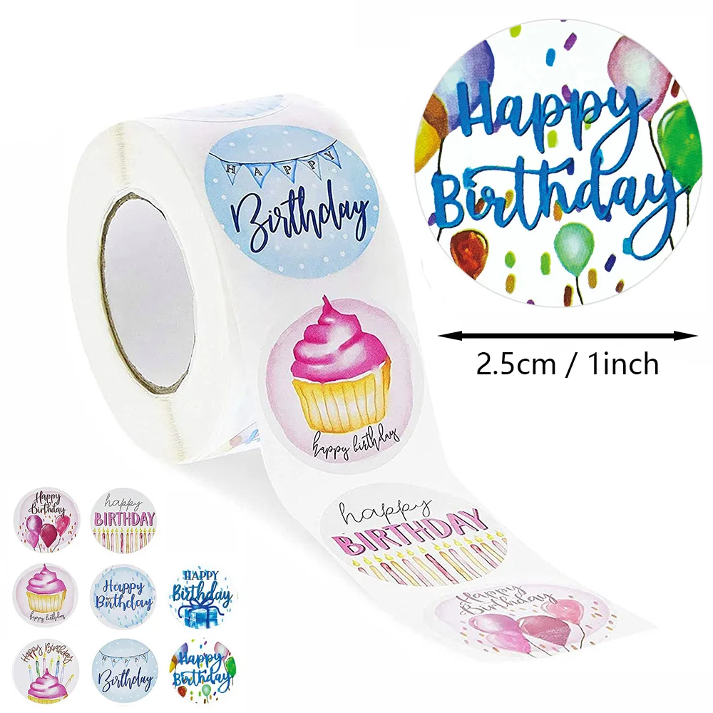 Birthday Day Stickers Roller Decorations Label Stickers 1 Inch Happy Birthday Day Gift Stickers Present Card Cookie 8 Design