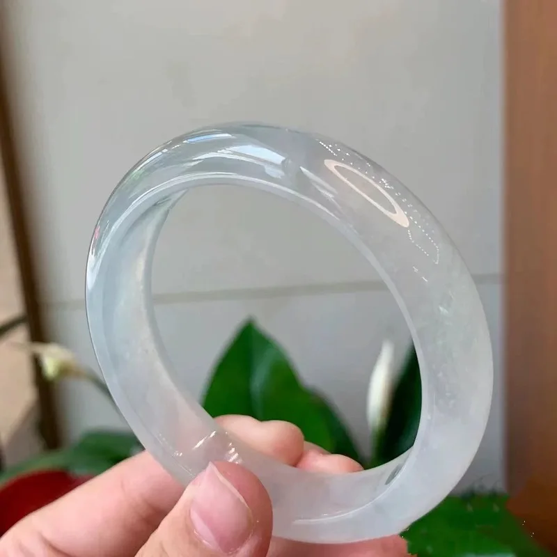 Jadeite from Myanmar, White Moonlight for Women, Full Circle Ice Transparent Bracelet, Floral Pattern Sun-