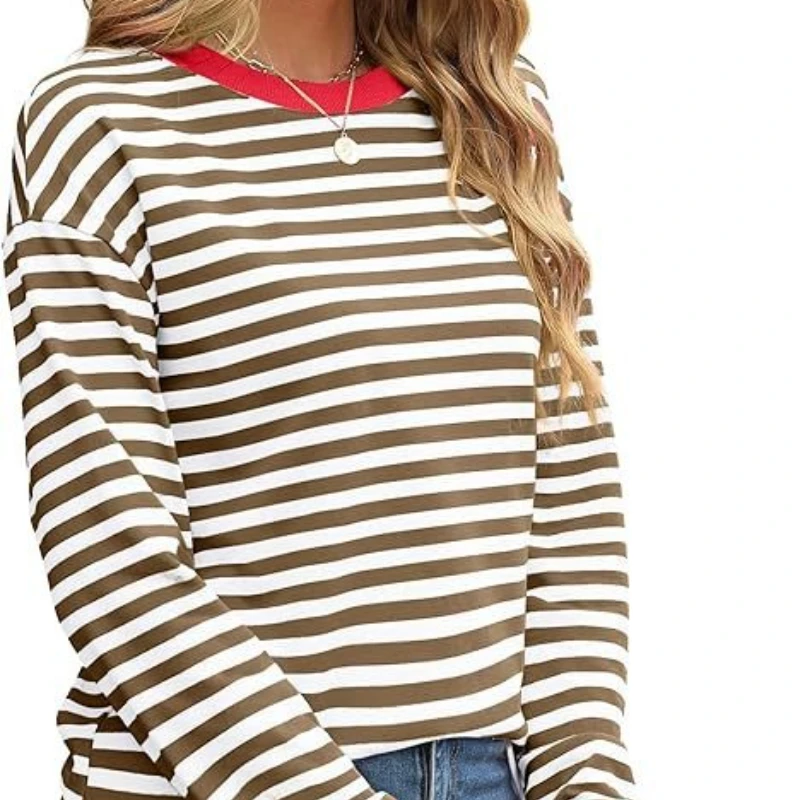 여성용 스트라이프 프린트 티셔츠 라운드 넥 캐주얼 루즈핏 튜닉 탑 가을 겨울 긴 소매 기본 티셔츠 대학 스트리트웨어