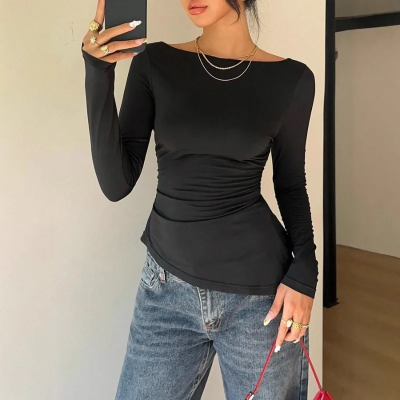 FL 여성용 우아한 레이스 패치워크 리본 장식 긴팔 티셔츠 캐주얼 비대칭 밑단 슬림핏 보트넥 플리츠 탑 2026