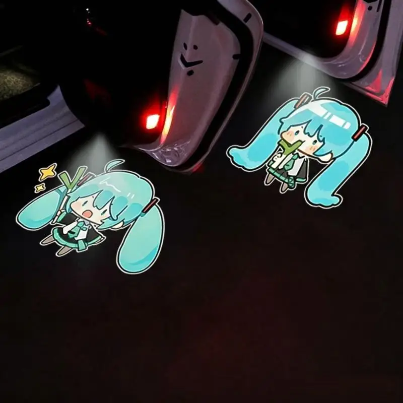 Kawaii Hatsune Miku Door Projection Lamp Miku Car Welcome Lamp Creative Cartoon Battery Car Welcome Lamp Lovely Car Decoration