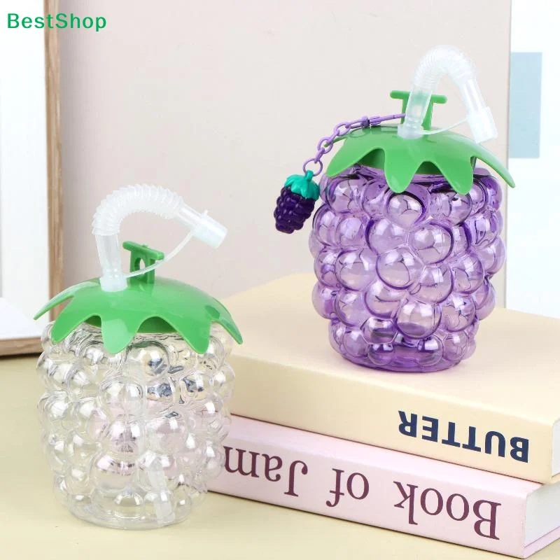 ☭Grape Shaped Plastic Water Bottle With Straw Cute Portable Fruit Design Cup Summer Beach Pool Party Straw Drinking Cups
