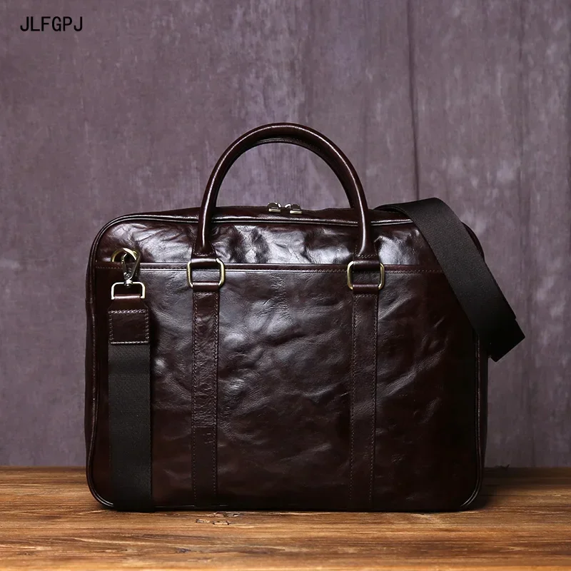 Tree Cream Top Layer Cowhide Large Capacity Handbag Men's Genuine Leather Business Fashion Crossbody Briefcase