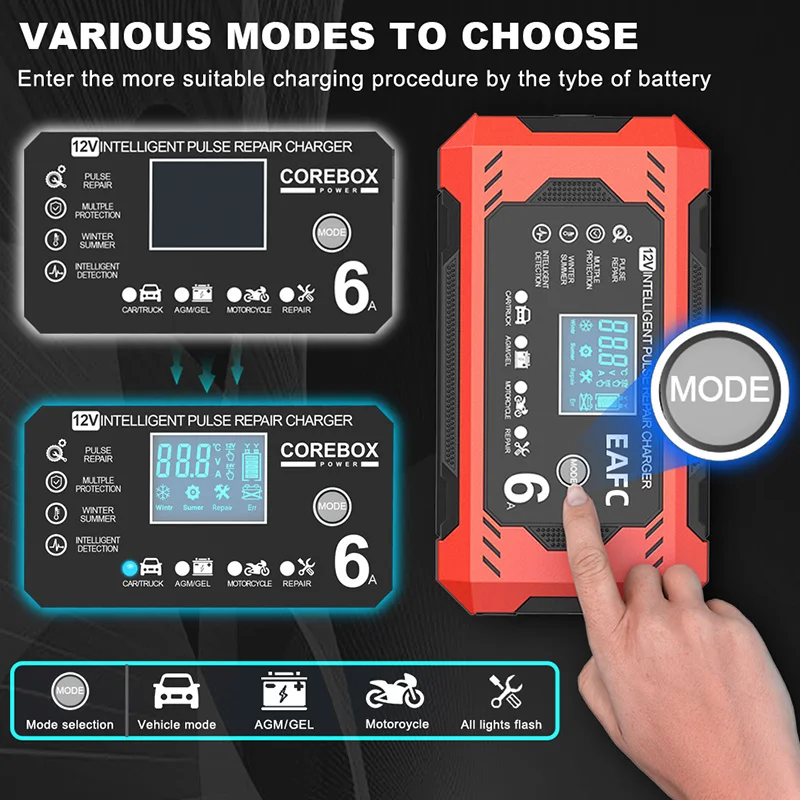Car Battery Charger 6A 12V Car and Motorcycle Battery Charging Device Lead-acid Battery Smart Repair LCD Display